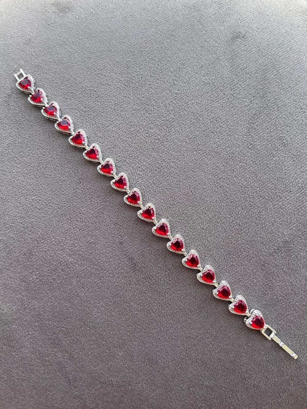 Red Crystal Heart Silver Tone Tennis Bracelet 7”